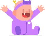 Illsutration of a baby in a purple onesie, sitting on the floor, with their hands raised in joy and their mouth open and smiling. Baby has one blonde curl on their head and is wearing a purple headband with a bow.
