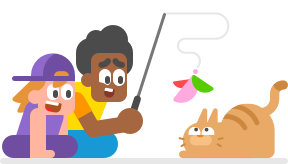 Two children are sitting on the floor playing with an orange cat. One child is light-skinned, is wearing a purple t-shirt, purple pants, and a backwards purple baseball cap, and is watching the cat. The other child is dark-skinned, has blue pants and a yellow t-shirt, and is dangling a feather toy on a string in front of the cat.