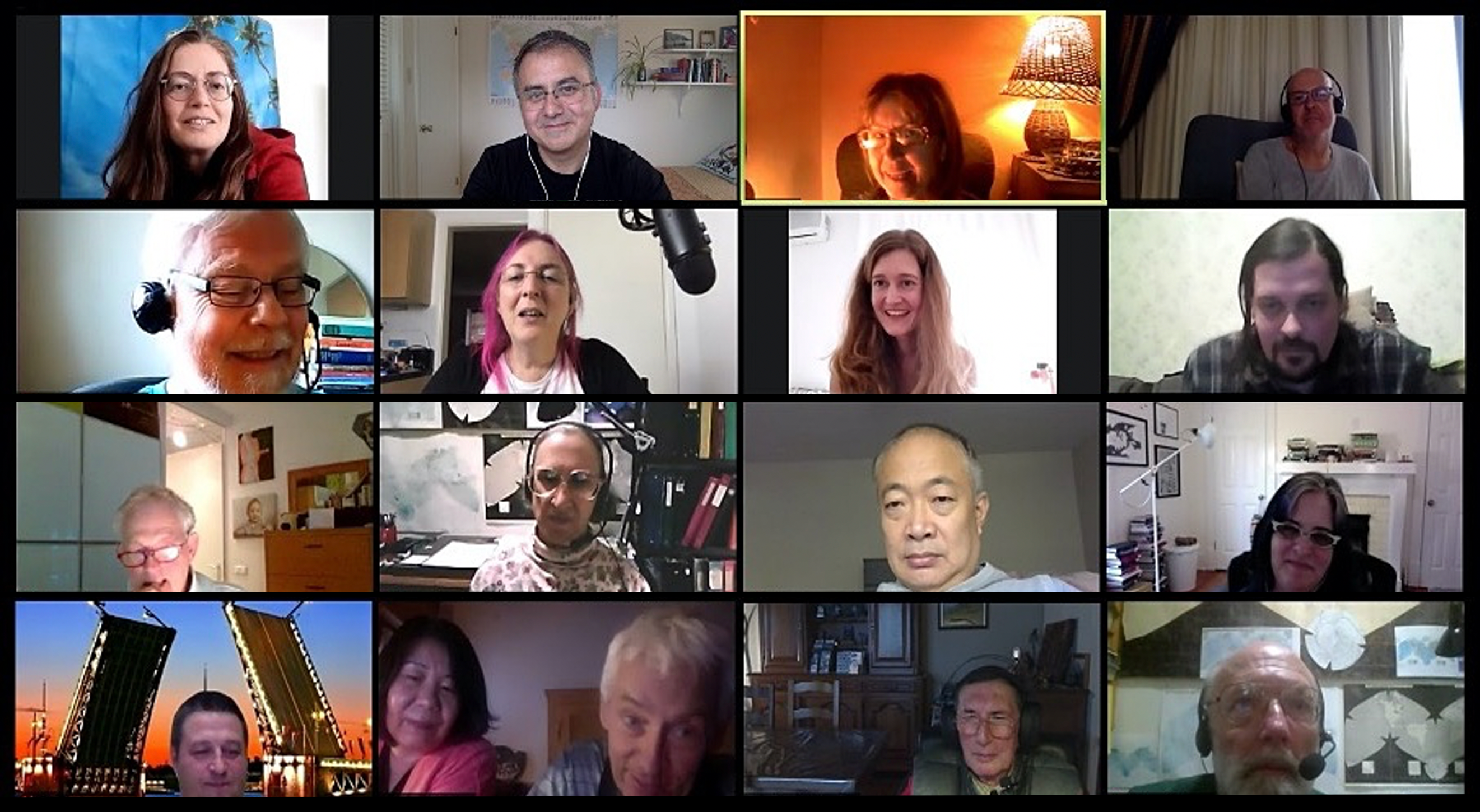 Screenshot of Zoom. 16 faces are arranged in a 4 by 4 design. These are participants in a Duolingo Esperanto language exchange.