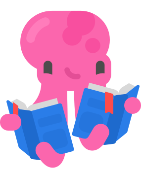 Illustration einer rosa Krake, die zwei Bücher liest