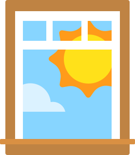 Illustration eines Fensters, in dem ein blauer Himmel mit einer großen strahlenden Sonne und einer kleinen, hellen Wolke zu sehen ist