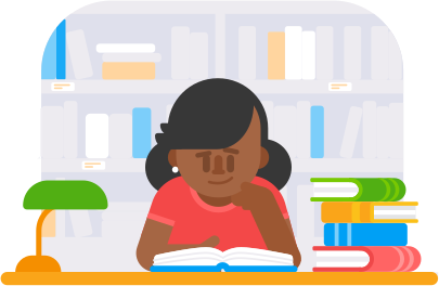 Illustration einer Frau mit langen, dunklen Haaren, die ruhig in einer Bibliothek sitzt und ein Buch liest. Sie lächelt leicht. Rechts neben ihr liegt ein Stapel Bücher auf dem Tisch.