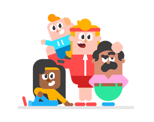 Illustration of four Duolingo characters standing looking straight at the viewer. Bea is sitting on the floor, Eddy is standing carrying Junior on his shoulder, and Oscar is standing next to Eddy and Eddy's hand is awkardly placed on Oscar's head. Everyone is smily, but Oscar looks a little annoyed at Eddy's hand placement.
