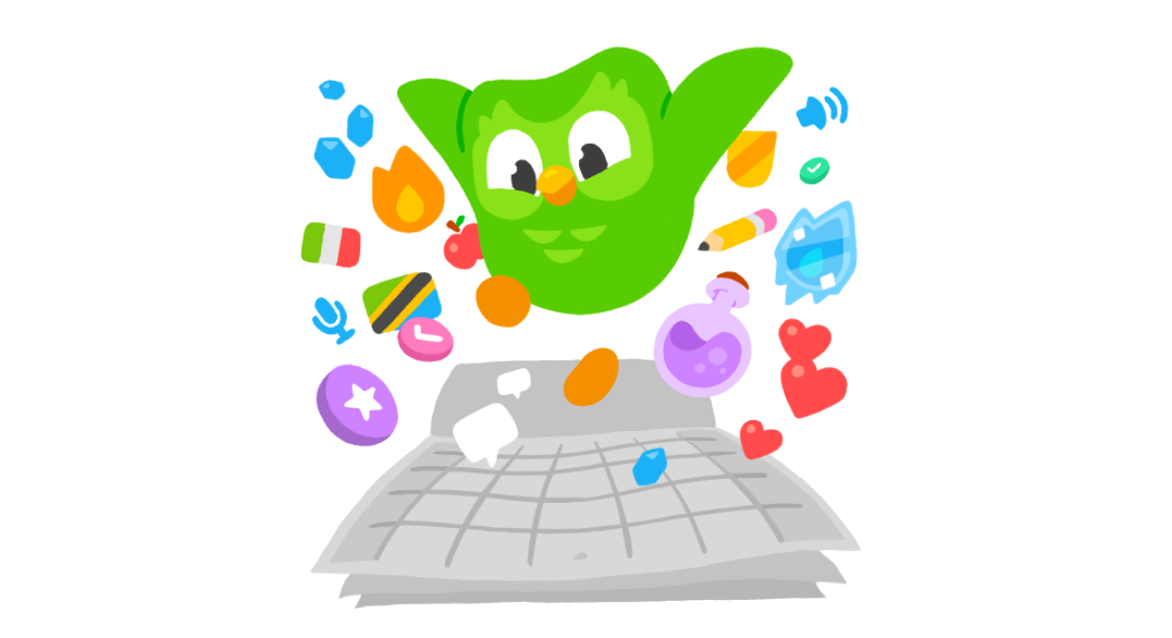 Duo the owl jumping over a calendar, with Duolingo icons flying out of the calendar.