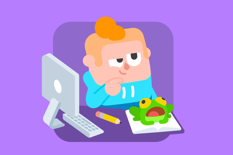 Illustration of Junior looking thoughtful at a desk with his computer and his pet frog