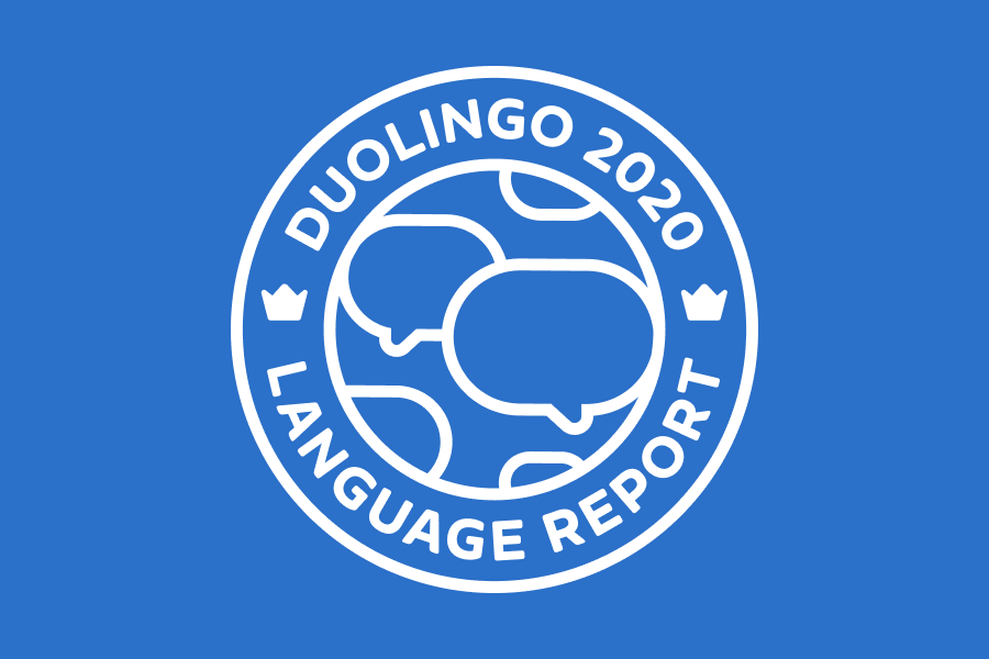 The phrase "2020 Duolingo Language Report" in a circle around a globe with speech bubbles instead of continents