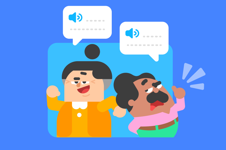 Illustration of Lucy and Oscar in conversation, with a speech bubble next to each of them