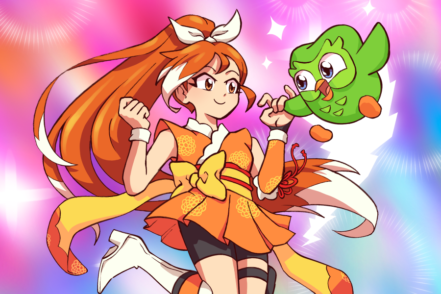 Ilustración de Duo dibujado como un personaje de ánime junto a Hime, la mascota de la plataforma de streaming Crunchyroll