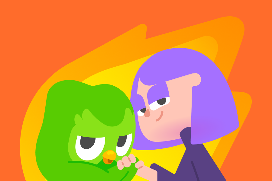 Lily and Duo, locked in a handshake, smile at the viewer. Behind them, a streak flame glows.