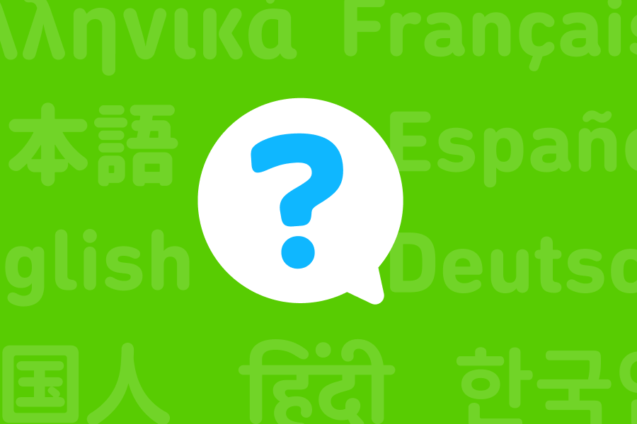 Illustration of a question mark in a speech bubble with the names of languages faintly in the background