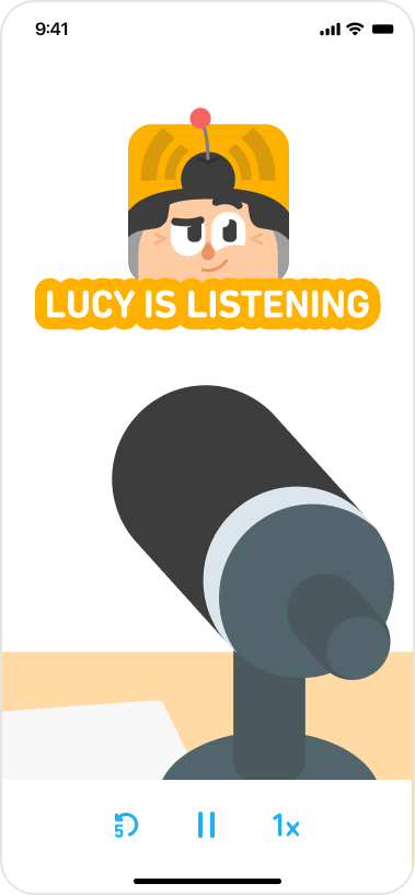 Capture d’écran du début d’un épisode DuoRadio. Le logo de l’émission représente le visage de Lucie au-dessus du titre « Lucy is listening ». Un gros micro apparaît en bas de l’image.