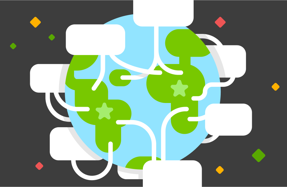 Ilustração do planeta Terra com os continentes na cor verde, conectados por balões de fala brancos. A África e a América do Sul estão no centro. A Terra está sobre um fundo preto com brilhos vermelho, amarelo e verde, que se parecem com estrelas vistas a distância.