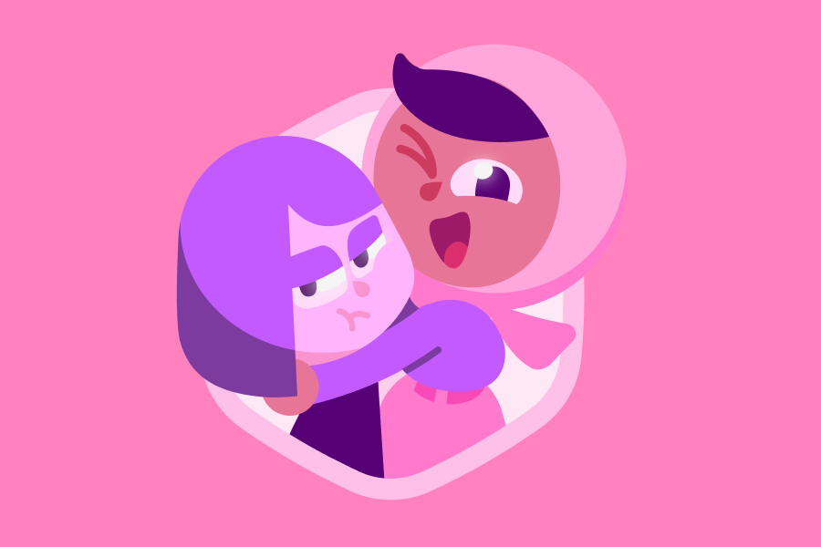 Illustration of Zari hugging Lily closely, despite Lily's indifference