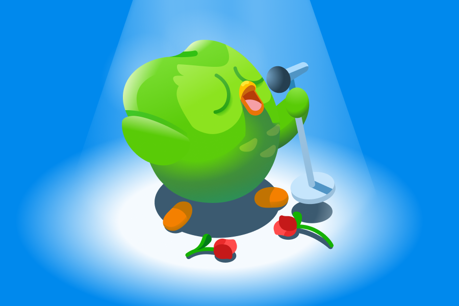 Illustration of Duo the owl singing earnestly into a microphone, with roses at his feet