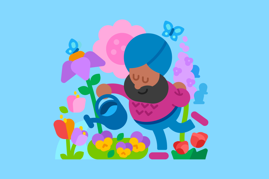 Illustration colorée de Vikram, un personnage de Duolingo, arrosant des fleurs avec un arrosoir