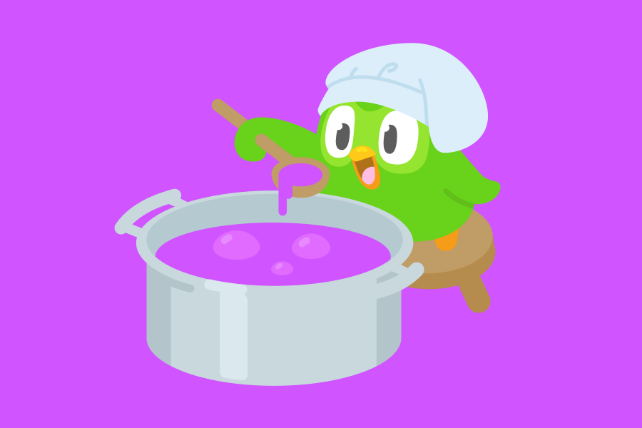 Ilustração do Duo, a coruja, vestido de chef e olhando para uma colher de pau que contém o mesmo caldo de uma panela.