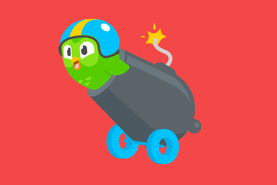 Illustration of Duo the owl smiling and wearing a helmet. He's stuffed into a cannon that's about to eject him into the air