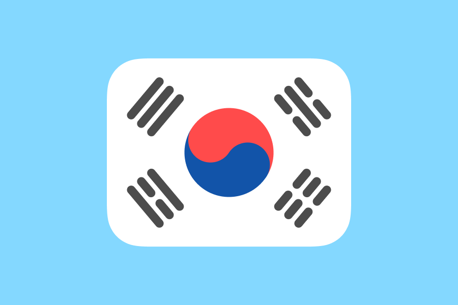 Ilustração da bandeira da Coreia do Sul sobre um fundo azul claro.
