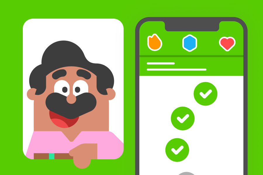Abbildung von Oscar, lächelnd neben einem Screenshot des Lernpfads in der Duolingo-App