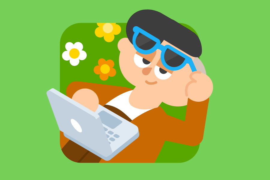 Lin lying in a meadow of flowers, raising her blue sunglasses, with her laptop open on her chest. 
