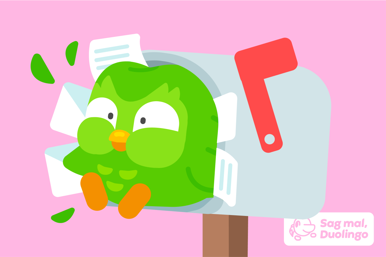 Abbildung von Duo, der in einem vollen amerikanischen Briefkasten steckt. Unten rechts ist das Logo von „Sag mal, Duolingo“.