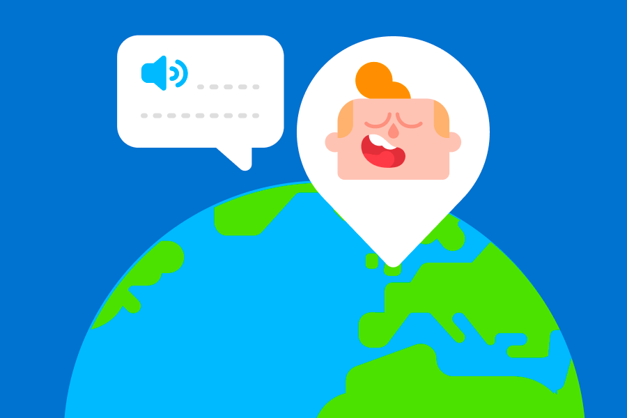 Sur un globe terrestre, on voit la tête de Junior dans une épingle de localisation. À côté flotte une bulle de texte vide.